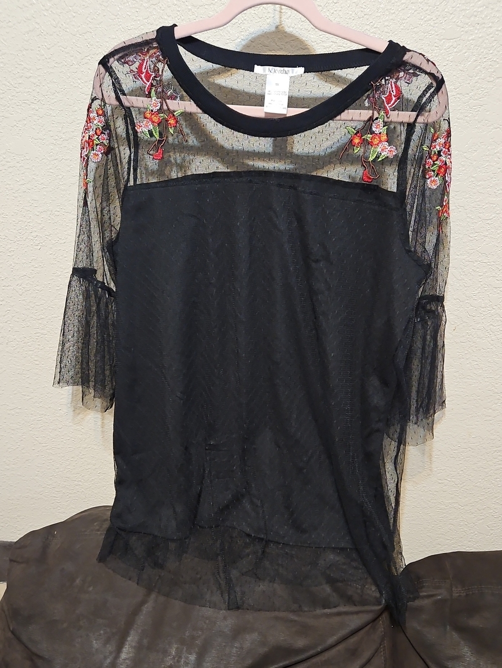 NY Collection Black Sheer Mesh Tunic with Red Floral Embroidery